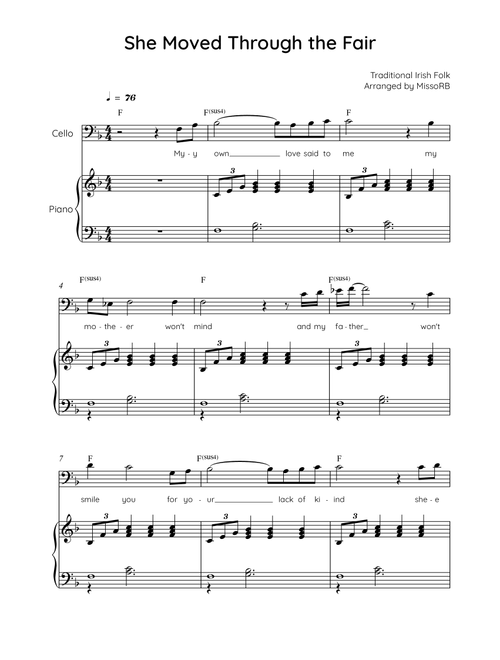 She Moved Through the Fair - Cello with Piano in F with Chords and Lyrics - Easy (Arr. MissoRB) - Traditional Irish Folk Song (Cello and Piano)