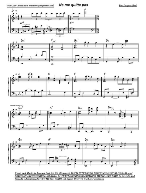 Ne Me Quitte Pas (Arr. juan carlos esteve /Gran Coda) - Jacques Brel (Instrumental Duet and Piano)