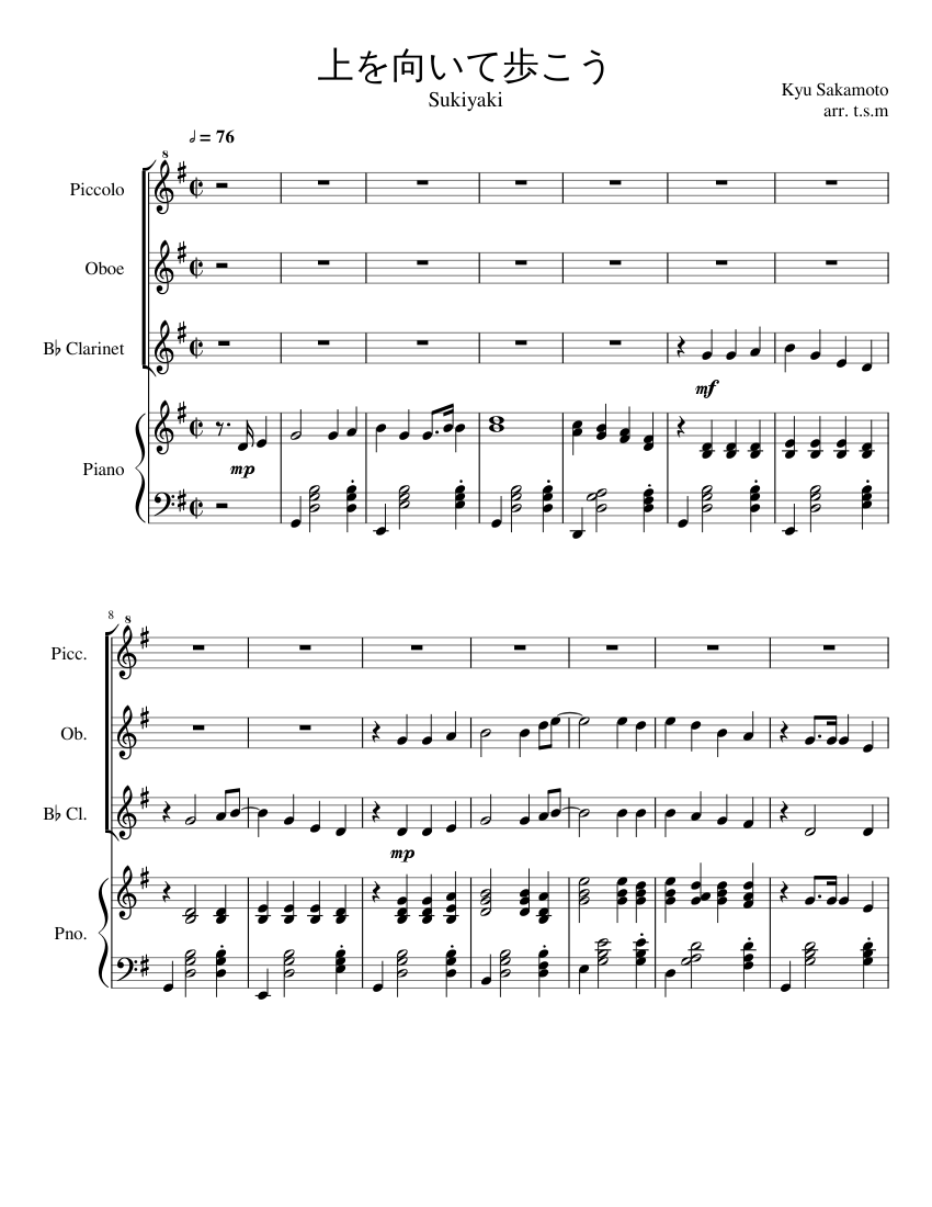 上を向いて歩こう (Sukiyaki) -- Kyu Sakamoto Sheet Music for Piano