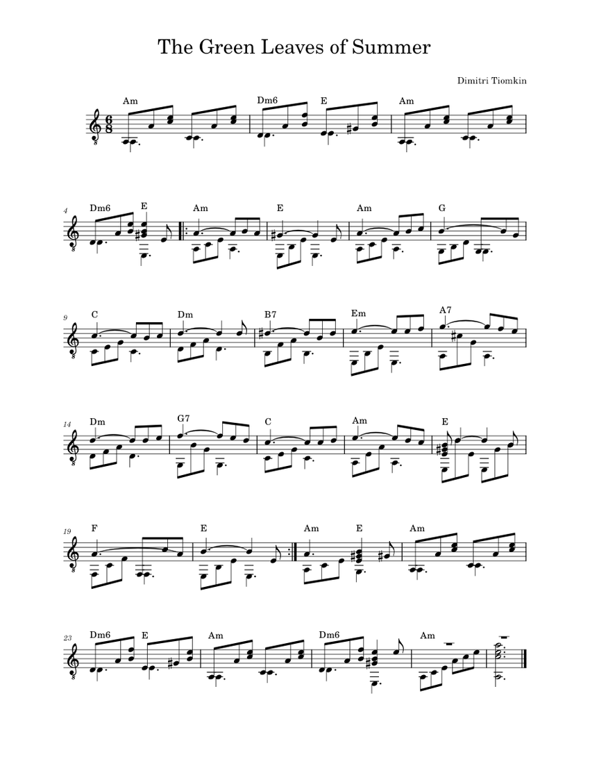 The Green Leaves Of Summer Dimitri Tiomkin Sheet music for Guitar