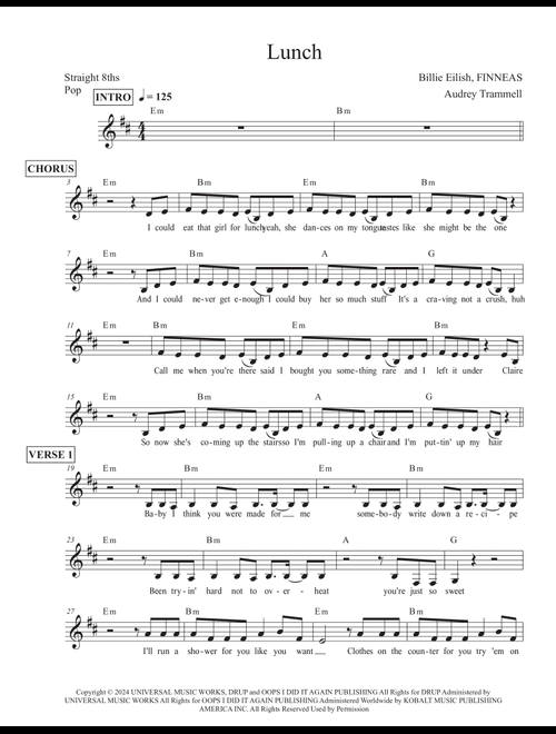 Lunch (Arr. Audrey Trammell) - Billie Eilish (Piano Vocal)