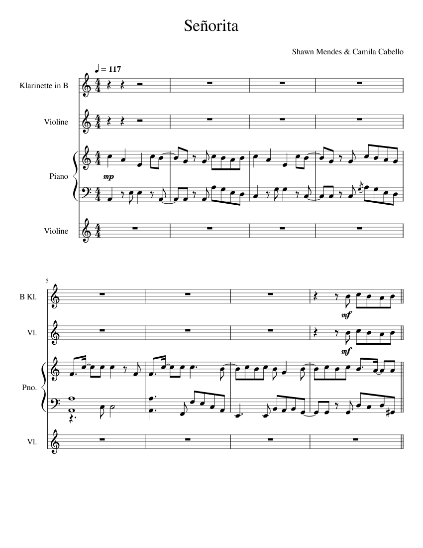 Senoritaflute Sheet Music For Piano Clarinet In B Flat Violin Mixed Quartet 