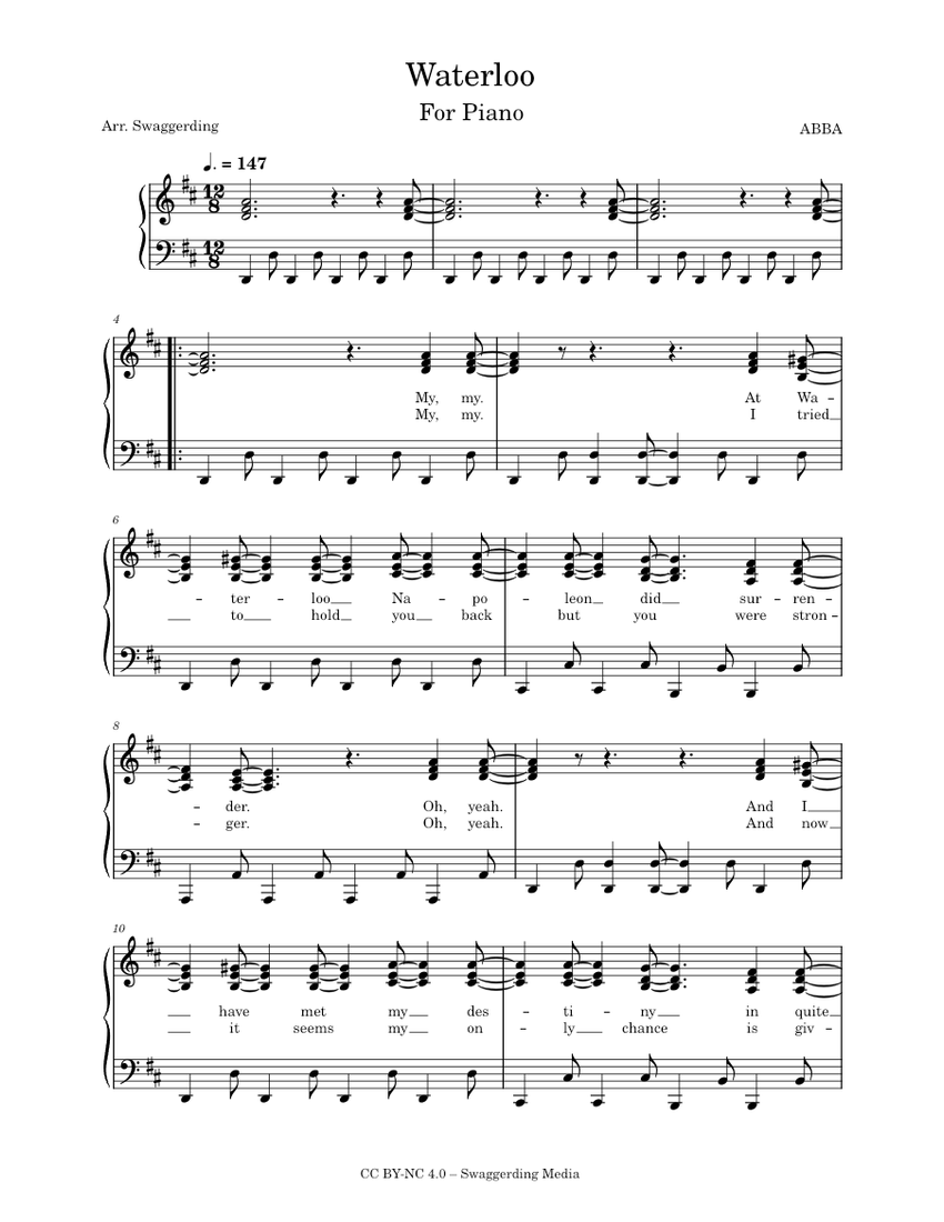 Waterloo – ABBA (With Lyrics) Sheet music for Piano (Piano