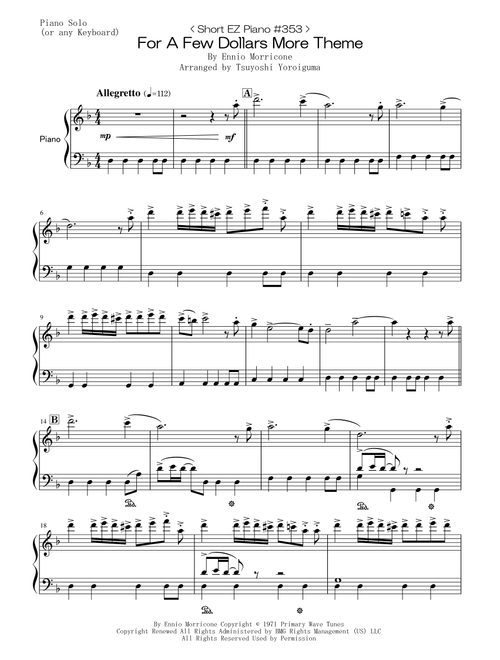 For A Few Dollars More (Arr. Tsuyoshi Yoroiguma) - Ennio Morricone (Easy Piano)
