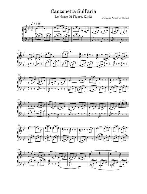 Canzonetta Sull'aria Mozart: Le Nozze Di Figaro, K.492 (Arr. Wolfgang Amadeus Mozart) (Piano Solo)