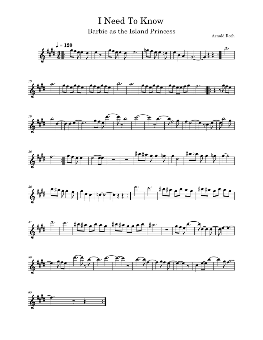 I Need To Know – Barbie as The Island Princess Sheet Music for Flute ...