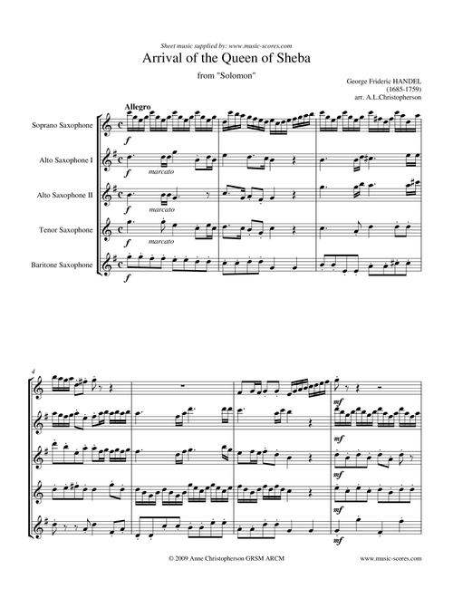 Handel: Arrival of the Queen of Sheba - Sax Quintet (Soprano Sax, 2 Altos, Tenor and Baritone) (Arr. Anne L Christopherson) - Handel George Frideric (Woodwind Ensemble)