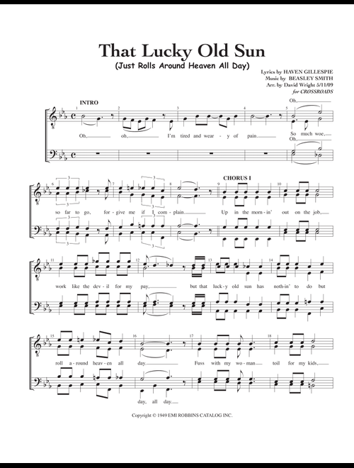 That Lucky Old Sun (Arr. David Wright) - Pat Boone (Choral, TTBB)