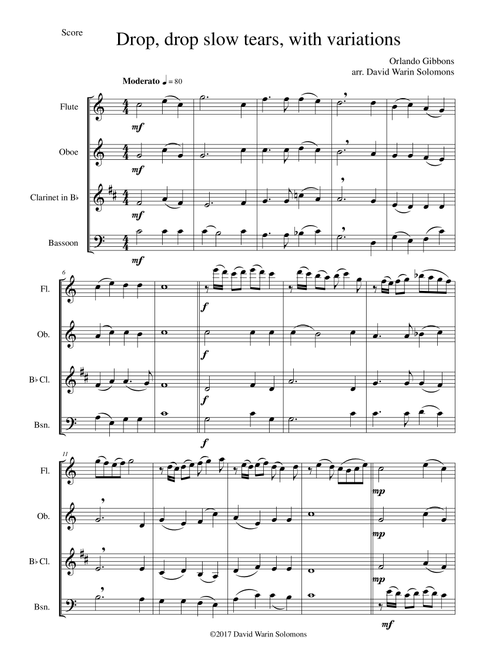 Drop, drop slow tears, with variations, for wind quartet (Arr. David Warin Solomons) - Orlando Gibbons (Woodwind Ensemble)