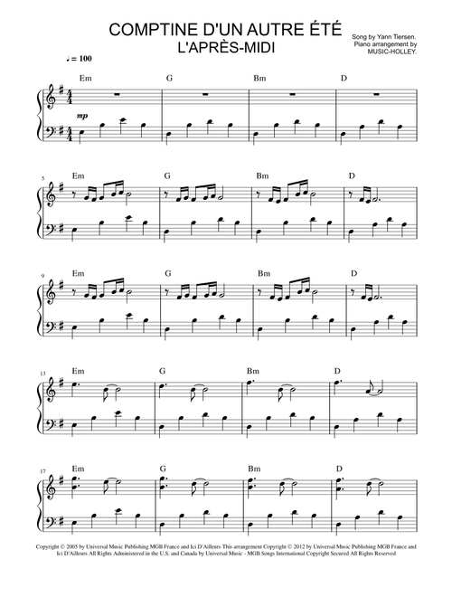 Comptine D'un Autre Été: L'après-midi (Arr. Music-holley) - Yann Tiersen (Small Ensemble)