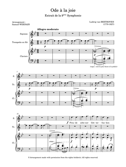 Ode to Joy - 9th Symphony - Ode à la Joie (for voice, trumpet and keyboards) (Arr. Samuel Wernain) - Ludwig Van Beethoven (Instrumental Duet and Piano)