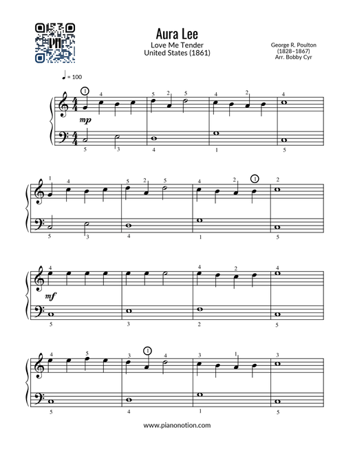 Aura Lee | Love Me Tender (Easy Piano) (Arr. Bobby Cyr - Piano Notion) (Easy Piano)