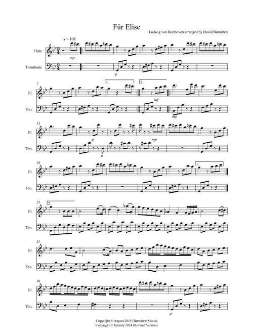 Fur Elise for Flute and Trombone Duet (Arr. David Burndrett) - Ludwig van Beethoven (Instrumental Duet)