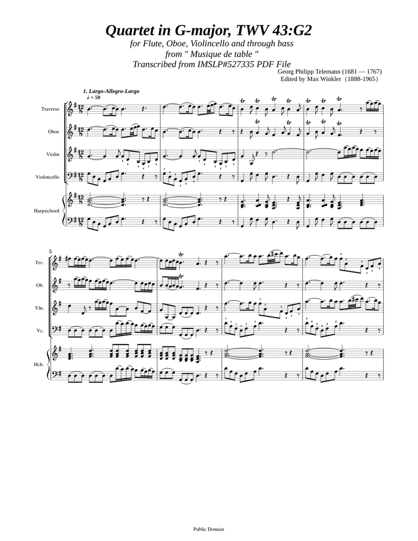 Telemann, G.P. _ Quartet in G-major, TWV 43:G2 Sheet Music for