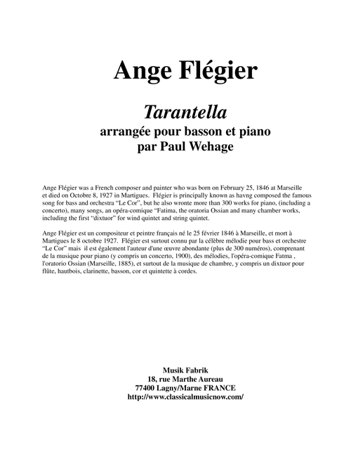 Ange Flégier: Tarantella for bassoon and piano (Arr. Paul Wehage) (Bassoon and Piano)