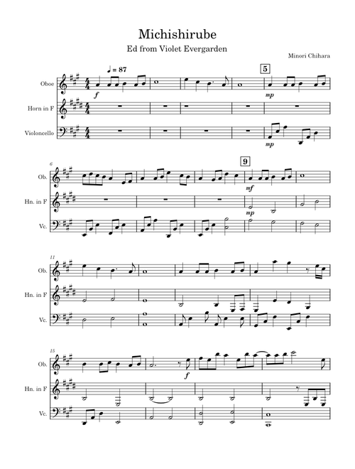 Michishirube – Minori Chihara arrangement for oboe, french horn, cello