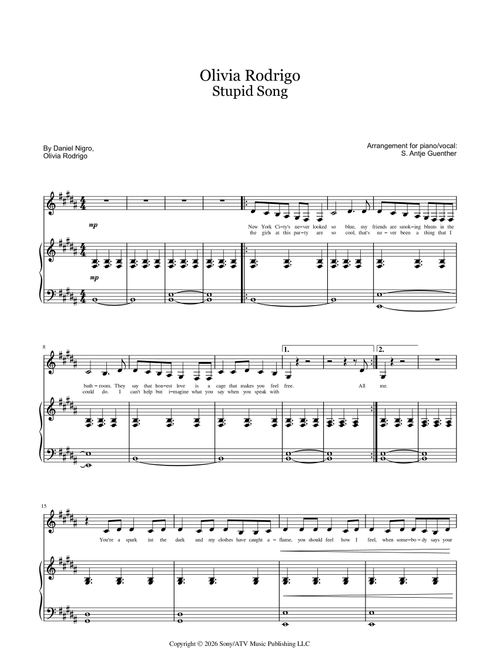 Stupid Song (Arr. S. Antje Guenther) - Olivia Rodrigo (Piano Vocal)
