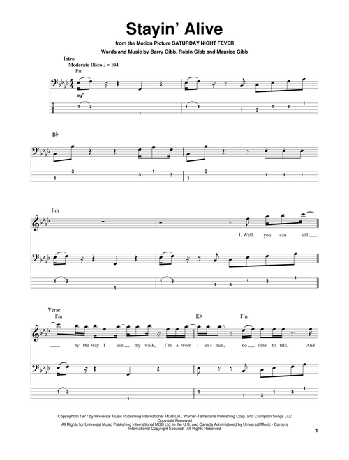 Stayin' Alive - Bee Gees (Bass Tab)