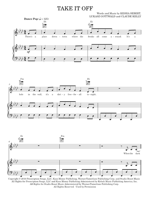 Take It Off - 3OH!3, 3OH!3 featuring Ke$ha, Ke$ha (Piano-Vocal-Guitar)