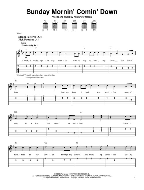 Sunday Mornin' Comin' Down - Kris Kristofferson, Johnny Cash (Easy Guitar with TAB)