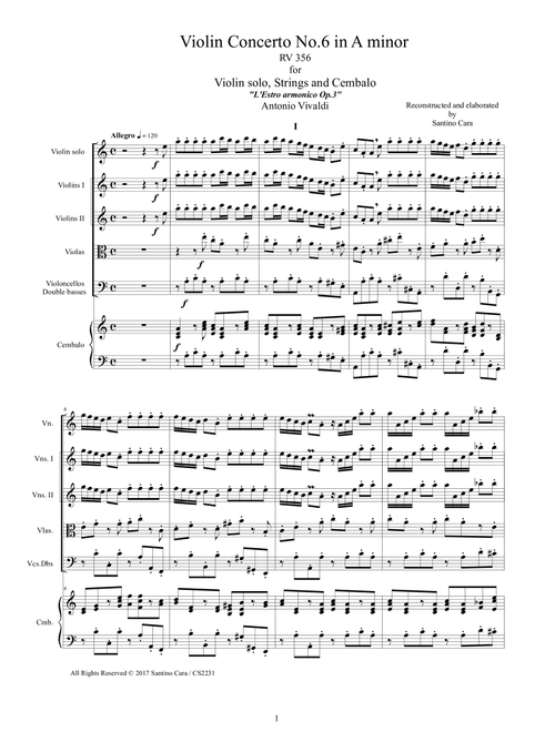 Vivaldi - Violin Concerto No.6 in A minor Rv 356 Op.3 for Violin, Strings and Cembalo (Arr. Santino Cara) - Vivaldi Antonio (Chamber Orchestra)
