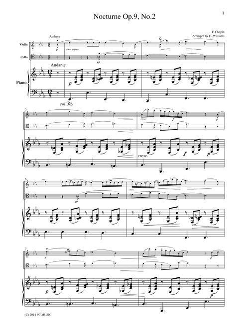 Chopin Nocturne Op.9, No.2, for piano trio, PC102 (Arr. FCMUSIC) (String Ensemble)