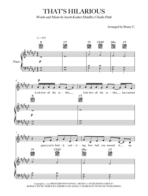 That's Hilarious (Arr. Bruna T.) - Charlie Puth (Piano-Vocal-Guitar (Piano Accompaniment))