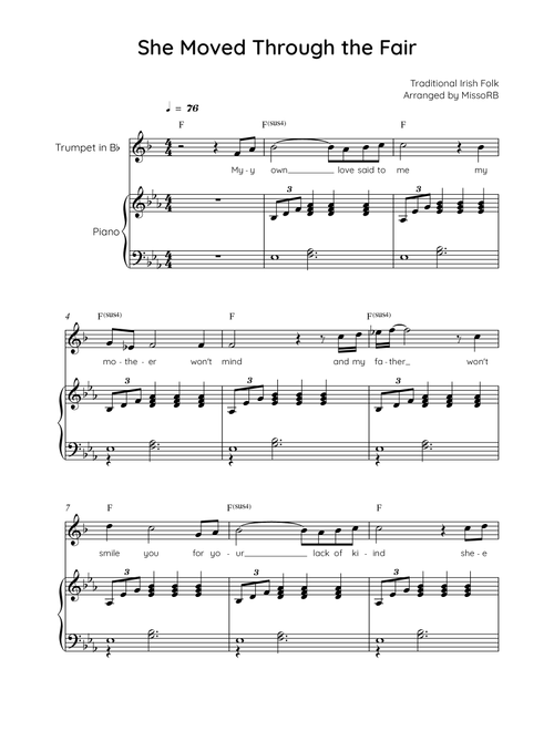 She Moved Through the Fair - Trumpet with Piano in Eb with Chords and Lyrics - Easy (Arr. MissoRB) - Traditional Irish Folk Song (Trumpet and Piano)
