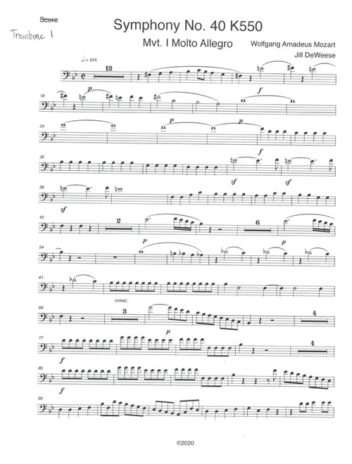 Mozart Symphony No. 40 in G minor, Movement 1 Trombone 1 only (Arr. Jill DeWeese) - Wolfgang Amadeus Mozart (Trombone Solo)