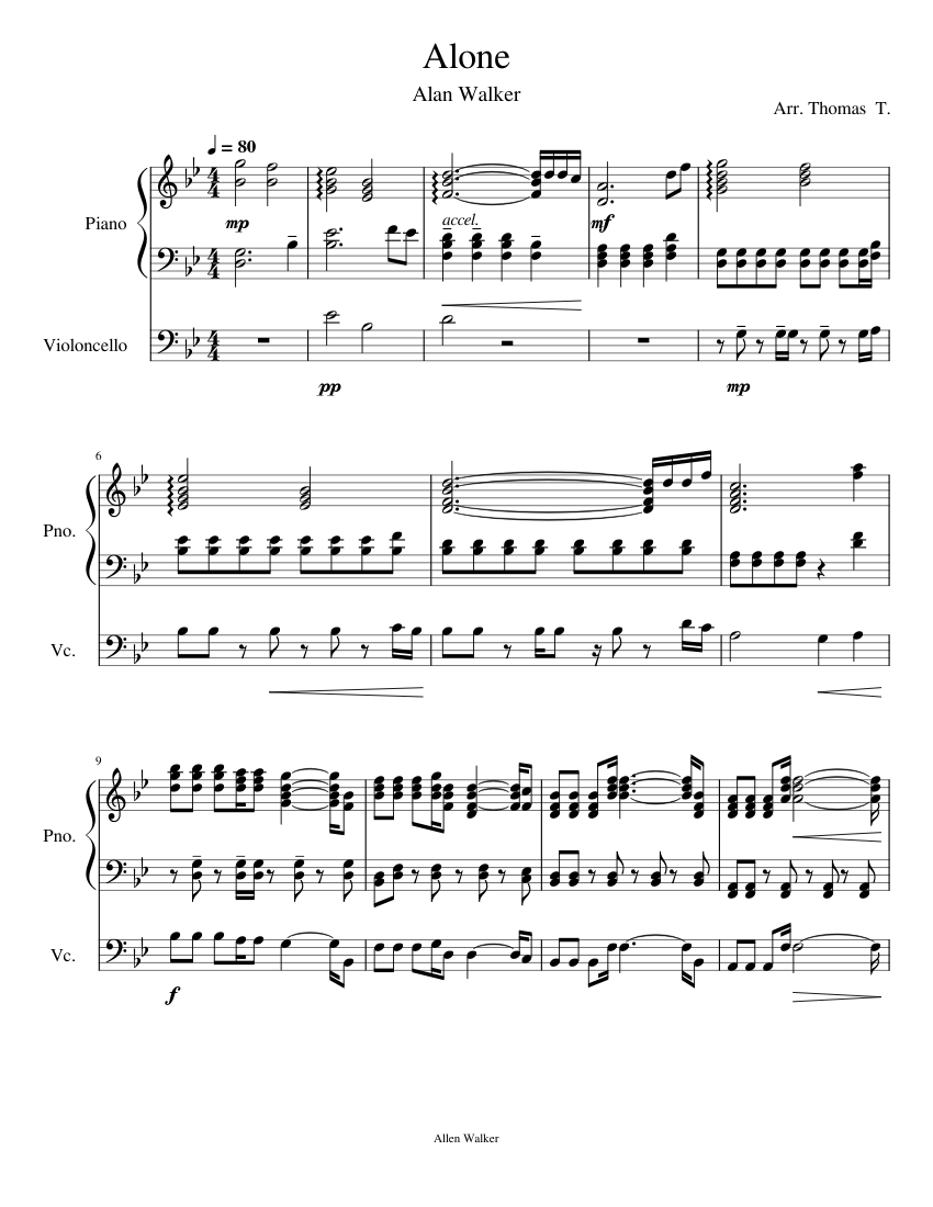 Alone Alan Walker Sheet music for Piano Cello Mixed Duet Musescore