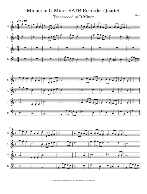 Minuet in G Minor SATB Recorder Quartet - Johann Sebastian Bach - Transposed to D Minor