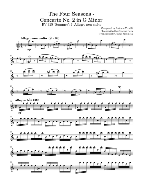 The Four Seasons - Concerto No. 2 in G Minor – Antonio Vivaldi for Tenor Sax (RV 315 "Summer": I...)