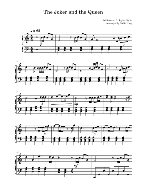 The Joker and the Queen – Ed Sheeran - Easy/Medium Piano