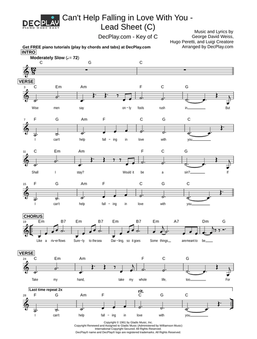 Can't Help Falling in Love With You - Lead Sheet (C) piano / guitar / vocals - Elvis Presley