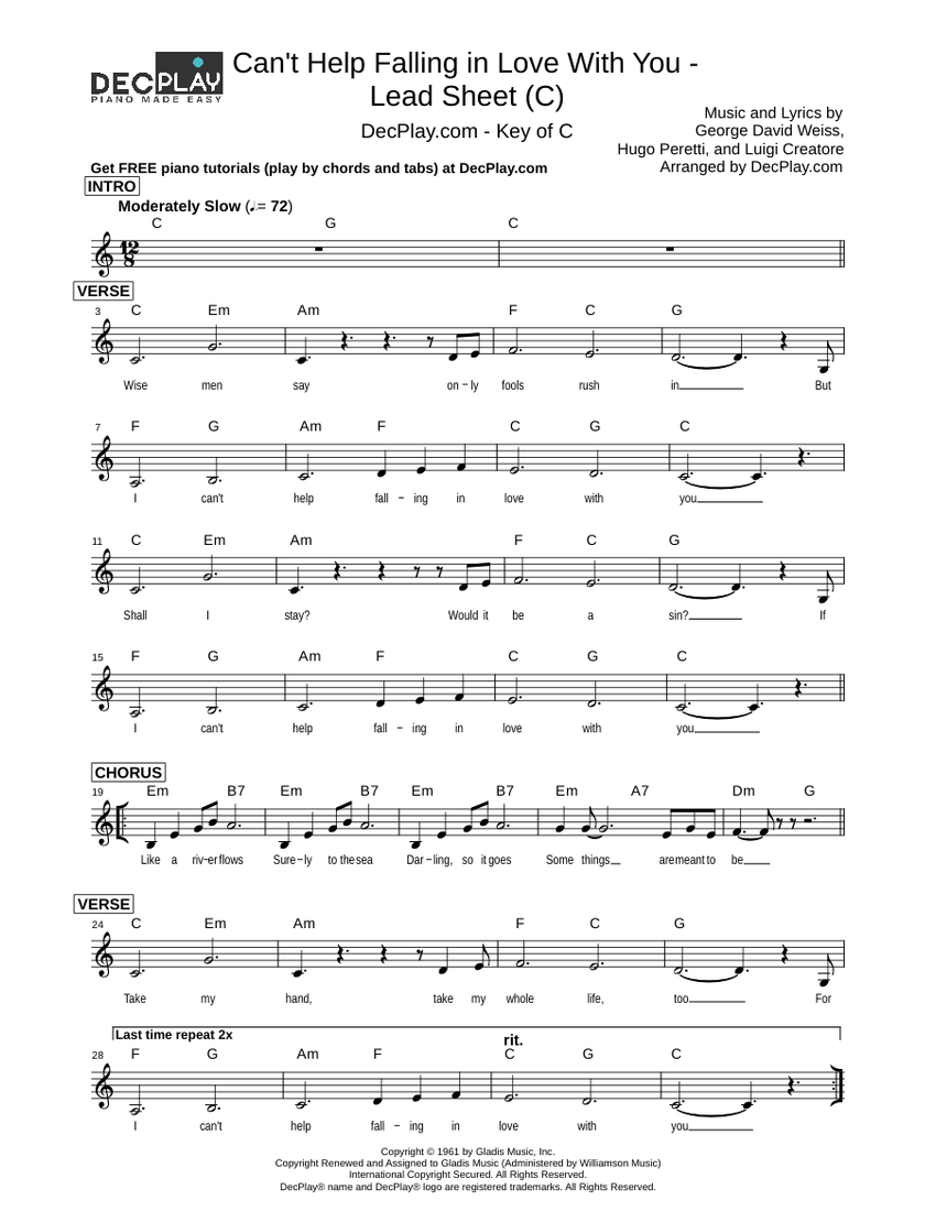 Can&rsquo;t Help Falling In Love by Elvis Presley sheet music for Piano 
