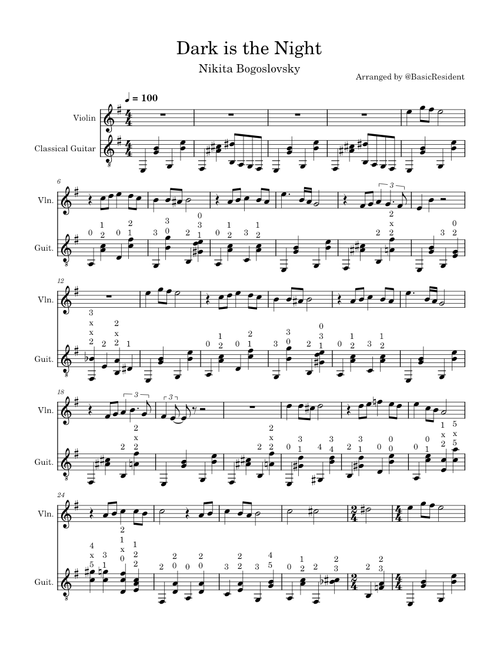 [Violin, Guitar] Dark is the night – Nikita Bogoslovsky