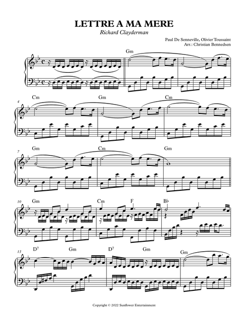 Lettre A Ma Mere (Arr. Christian Bennedsen) - Olivier Toussaint, Paul de Senneville (Piano Solo)