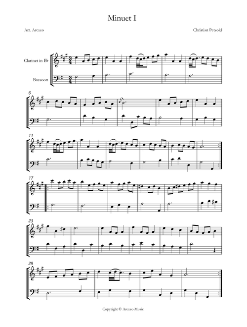 bach bwv anh 114 minuet in g Clarinet and Bassoon sheet music with ornaments (Arr. Arezzo Music) - J S Bach (Instrumental Duet)