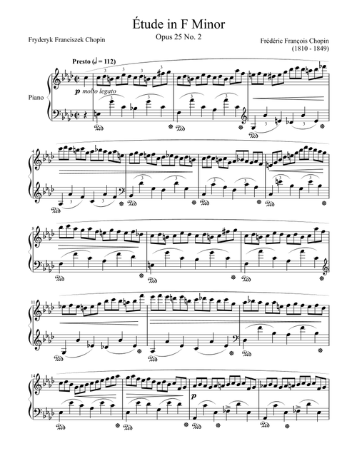 Etude Opus 25 No. 2 in F Minor (Arr. Zachary Corbett) - Frederic Chopin (Piano Solo)
