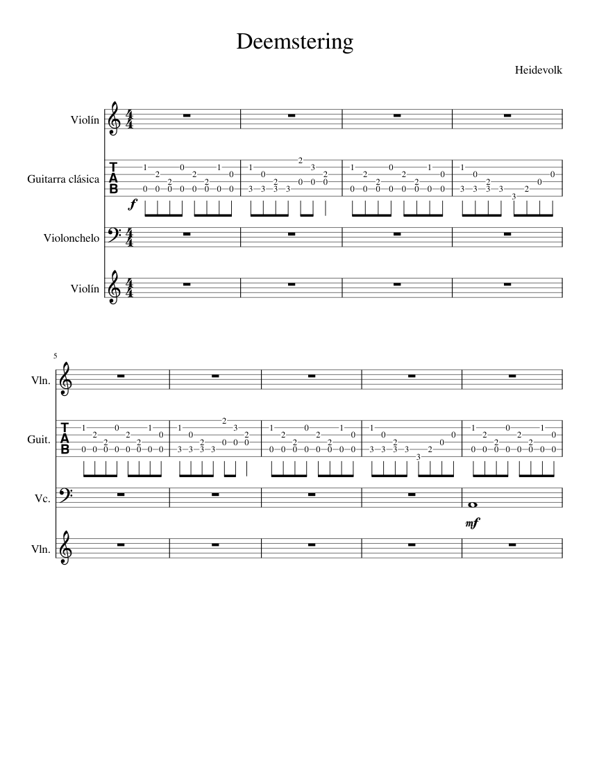 Deemstering Sheet music for Violin, Cello, Guitar (String Quartet