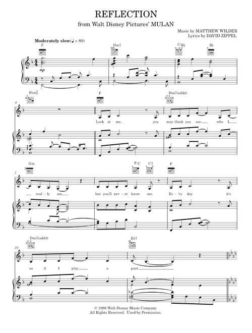 Reflection (Pop Version) (from Mulan) - Christina Aguilera, David Zippel, Mulan Movie (Piano-Vocal-Guitar)