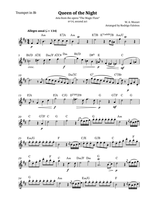 Queen of the Night - for solo trumpet in Bb (with chords) (Arr. Rodrigo Faleiros) - Mozart, W A Mozart (Trumpet Solo)