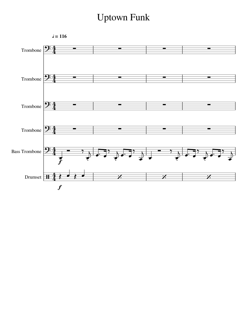 Uptown Funk Sheet Music for Trombone, Trombone bass, Drum group (Mixed ...