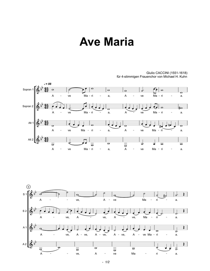 Ave Maria Caccini SSAA Sheet Music for Snare drum (Women's Choir