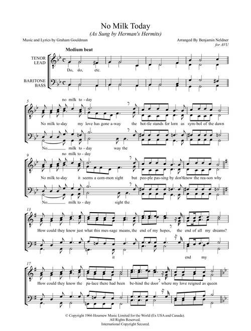 No Milk Today (Arr. Benjamin Neldner) - Herman's Hermits (Choral, TTBB)