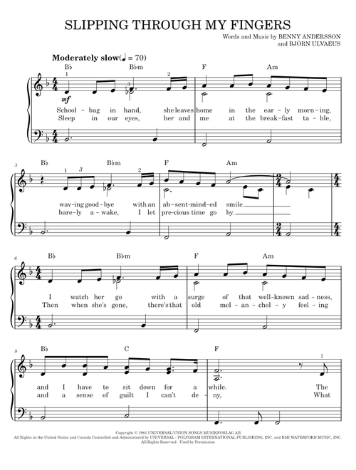Slipping Through My Fingers - ABBA, Mamma Mia! Movie (Easy Piano)