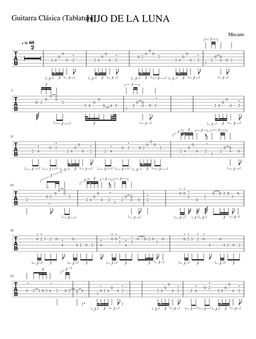 Mecano - Hijo de la luna-Guitarra Clásica Tablatura