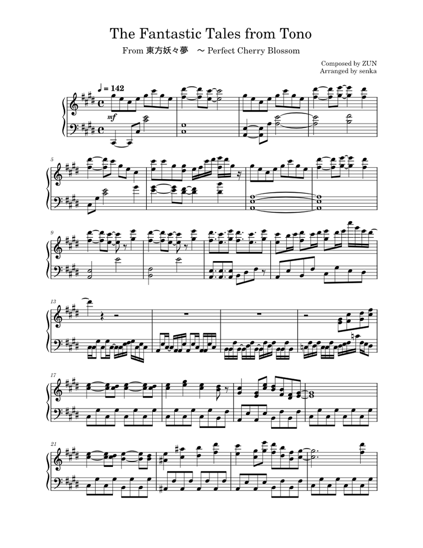 The Fantastic Tales from Tono – ZUN Sheet music for Piano