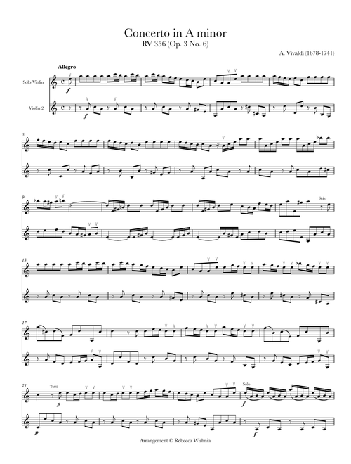 Concerto in A Minor, RV 356/Op. 3 No. 6 (arr. 2 violins) (Arr. Rebecca Wishnia) - Vivaldi (Violin Solo)