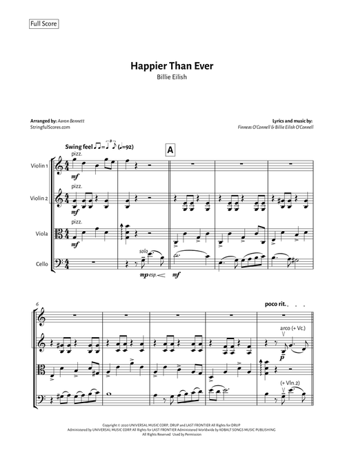 Happier Than Ever (Arr. Aaron Bennett) - Billie Eilish (String Quartet)